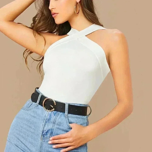 White Casual Women's Form-Fitting Crisscross Halter Top - Picture 1 of 6